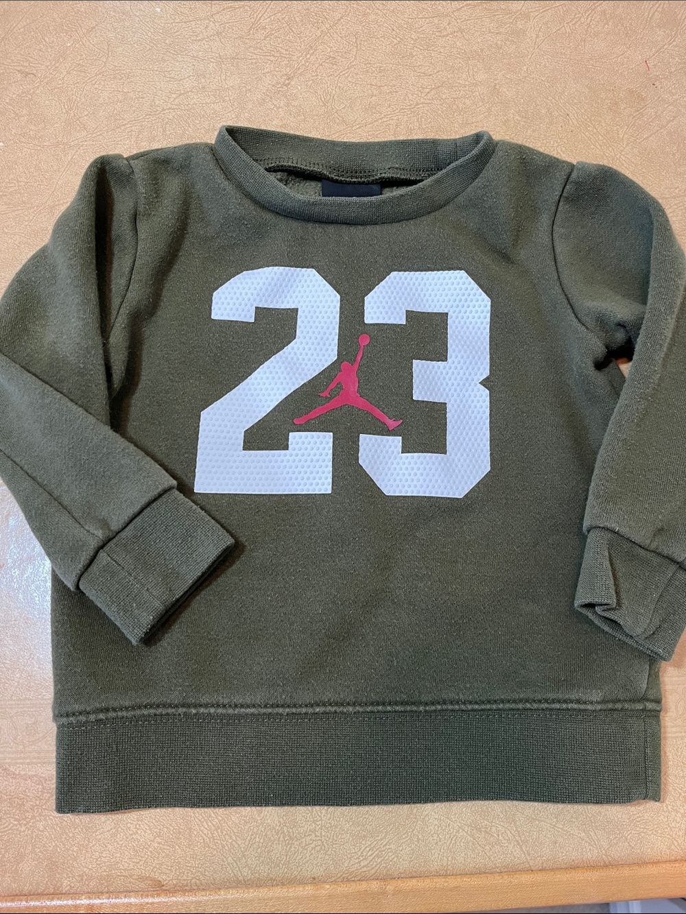 18M Jordan Kids Olive Green Sweatshirt with White '23' and Red Jumpman